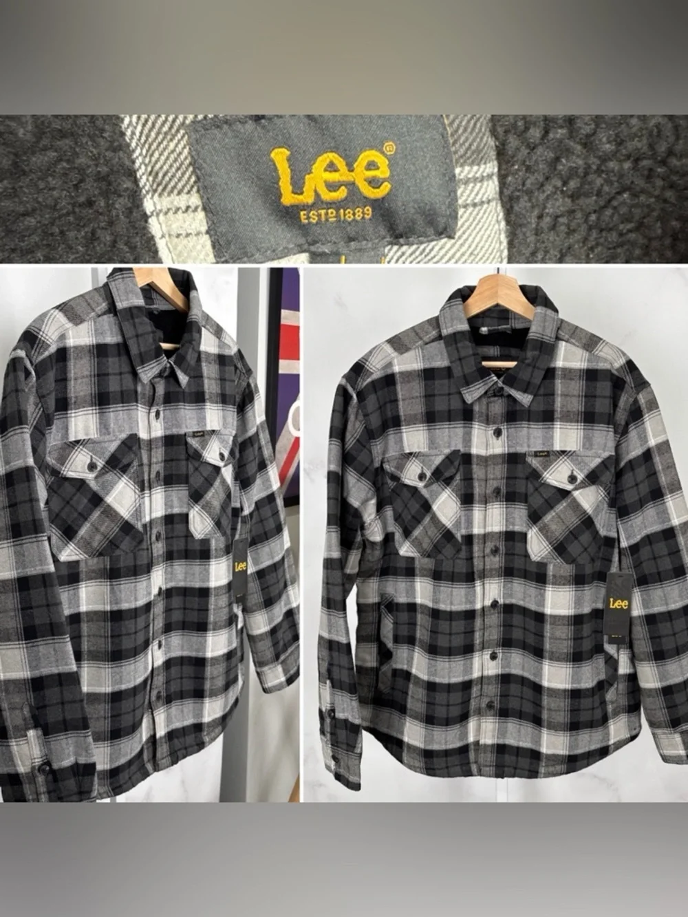 Lee Men’s Sherpa Lined Black/grey Plaid Button Up Shirt Jacket Size L NEW $70